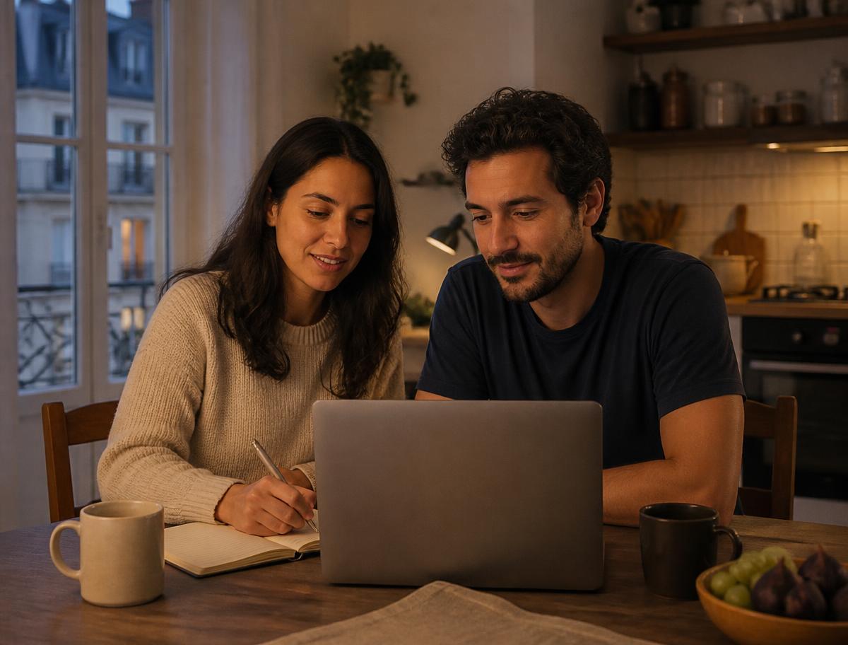Casal brasileiro planejando o futuro financeiro em casa, no exterior