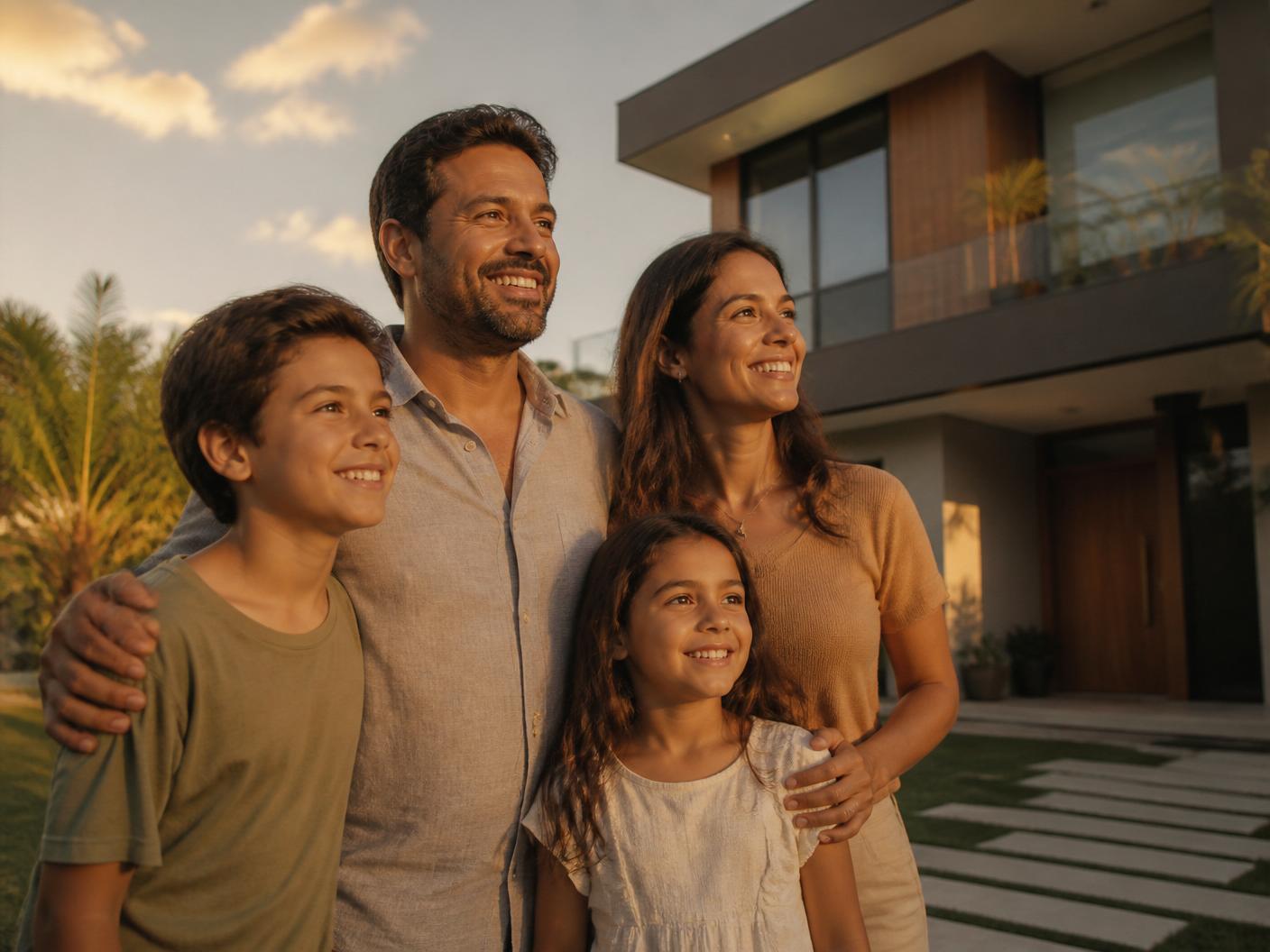 Família brasileira sorrindo em frente à casa própria no Brasil ao entardecer